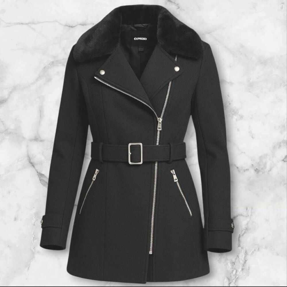 Express Black Belted Wool Coat Size XS